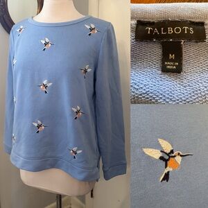 Talbots Light Blue Knit Top Embroidered Birds Sweatshirt pullover Sz M